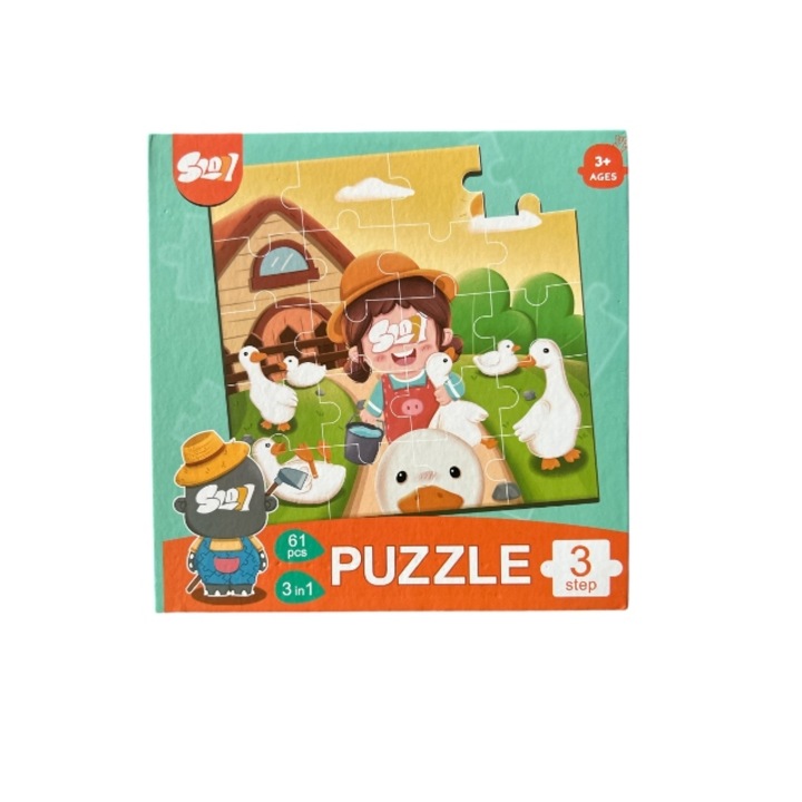 Puzzle 3 in 1 la ferma KOMAZI®, 61 Piese, 3 ani+, Material: Hartie/Carton cu Magnet