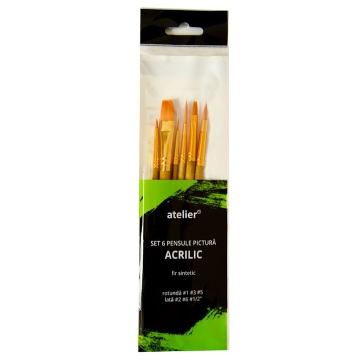 Set 6 Pensule Pictura Acrilice din Par Sintetic, Atelier