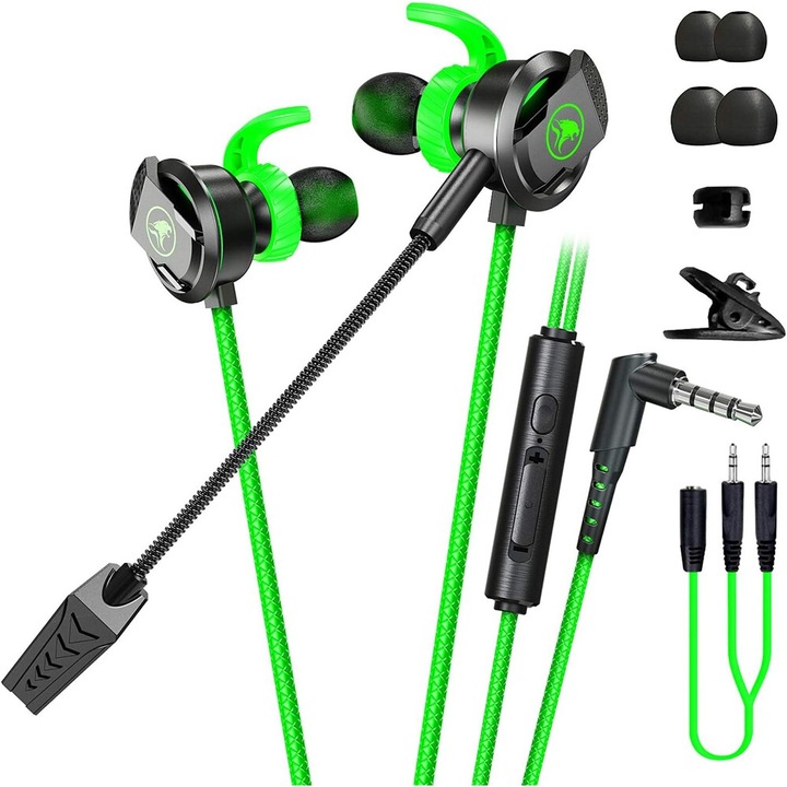 Casti Gaming Beedove, cu microfon detasabil, 3.5mm jack, anulare activa a zgomotului, Cablu Retractabil, verde