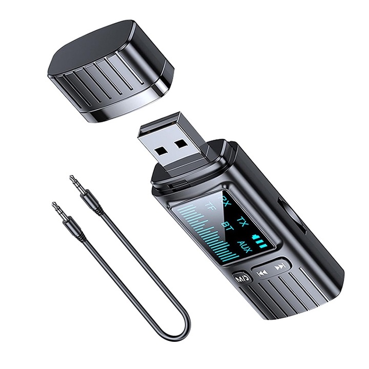 Адаптер с Bluetooth 5.4, JESWO, предавател/приемник, 3,5 MM AUX, LED екран, черен, комплект допълнителни кабели