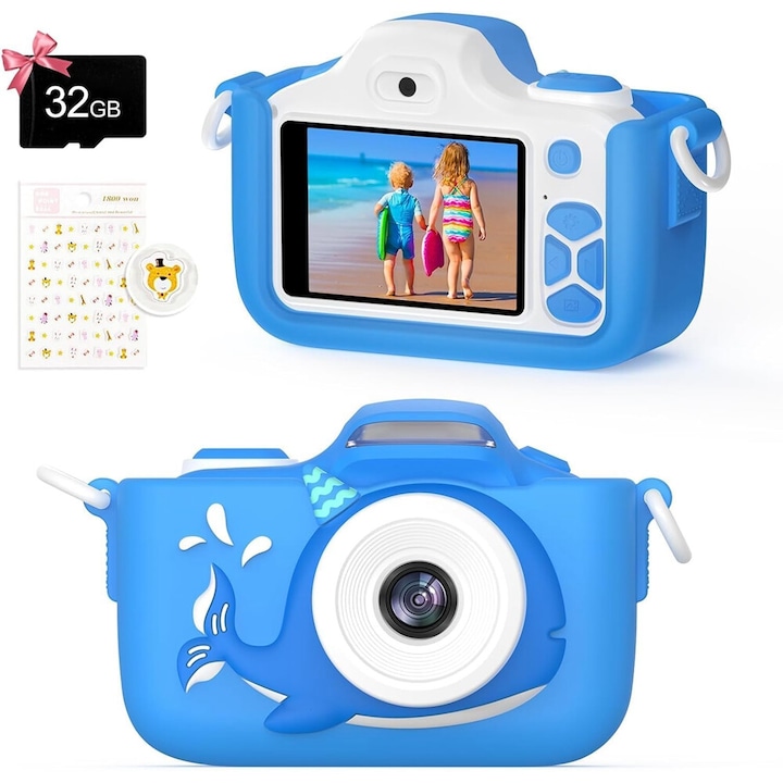 Детска камера, 0, 0-карта с капацитет 32 ГБ, 1080 0, 23 милиона пиксела, 2,0 инча, снимки, видео, игри, музика, силиконов защитен калъф, за деца над 3 години, син