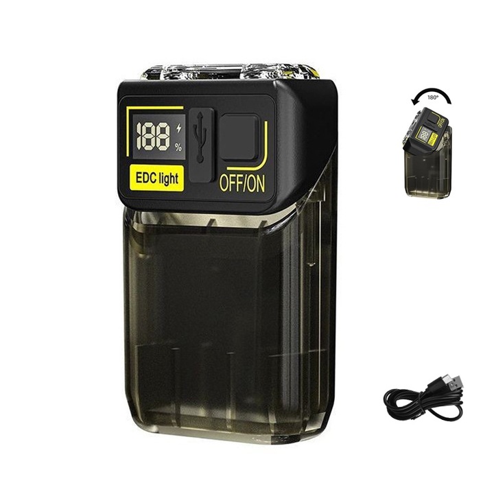 Преносим мини фенер, JESWO, 90° въртяща се глава, 1000mAh, 6 режима на светене, черен, 7.2x2.5cm
