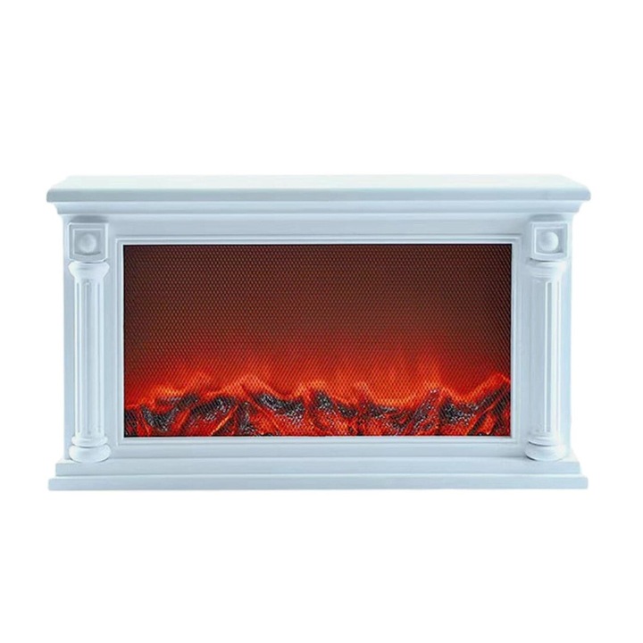 Semineu electric decorativ cu grilaj metalic, Lumina Led cu Simulare Flacari, Alimnetare priza sau baterii, Dimensiuni (LxH): 63,5*36,5 cm, Vintage, Alb