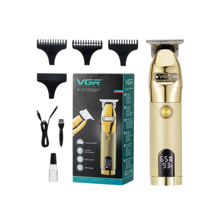 Masina de tuns si ras, VGR V-275, afisaj digital, LCD, lame inox, durata operare 180 min, HJS-07, 3 piepteni ajustare lungime, precizie inalta, Auriu, HAPPY JOKER®