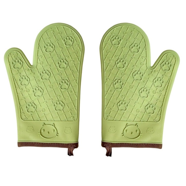 Magas hőmérsékletű grillkesztyű 600C magas hőmérsékletű csúszásgátló kivitel szilikon anyagból zöld 2 részes készlet