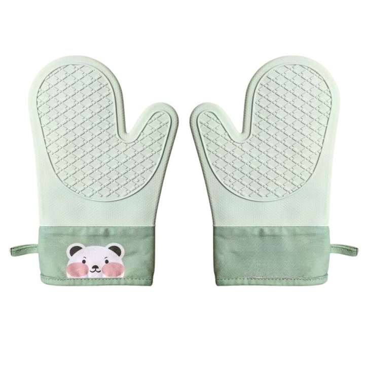 Magas hőmérsékletű grillkesztyű, 600C magas hőmérsékletnek ellenálló, csuklóvédő, csúszásgátló kivitel, szilikon, világoszöld, 2 db