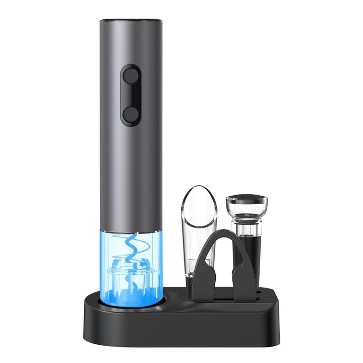 Set deschizator electric de vin，Functie Inainte-Inapoi，5 in 1cu Baza, Accesoriu Taiat Folie， Dop de Vid si Aerator de Vin, One-Touch, Indicator luminos LED， Buton CD laser, gri inchis， 25W, Automat，Tirbuson Electric pentru Vin