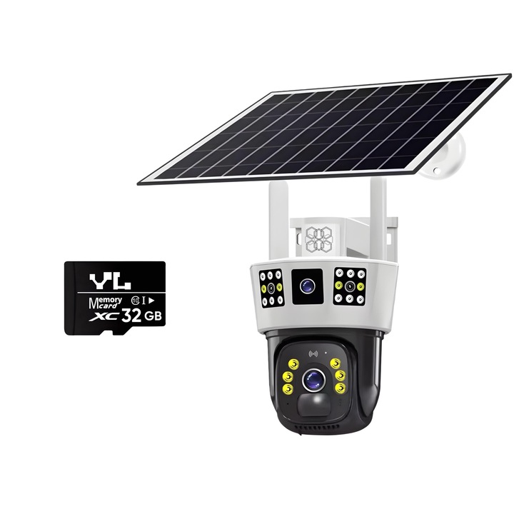 Камера за видеонаблюдение с троен изглед CCTV, HexaEye, вътрешен/външен, слънчев панел и microSD карта в комплекта, 9MP, вградена 8000 mAh батерия, 4G връзка, автоматично завъртане, PTZ, монитори в 3 зони, нощно виждане