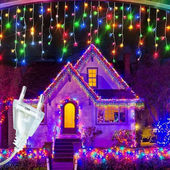 Instalatie Craciun Tip Turturi SIKS, 25 Metri, 500 Led-uri, Pentru Casa / Gradina / Gard, Cu 8 Jocuri De Lumini, Franjuri Curgatoare, Exterior/Interior, Fir Transparent, Interconectabila, Rezistenta La Apa, Multicolora