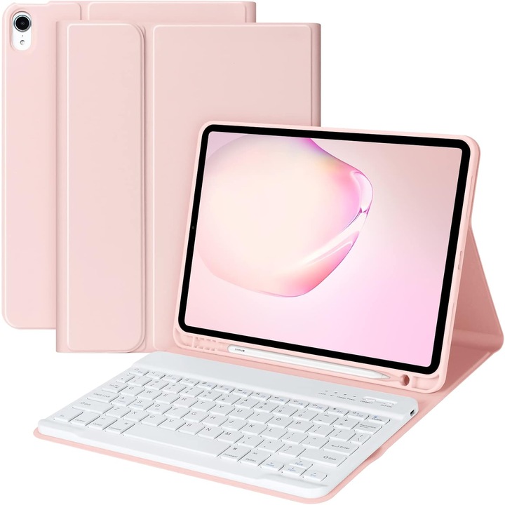 Калъф с клавиатура за iPad 10.9 2022 (10-то поколение) с държач за молив, магнитен отделящ се, безжична Bluetooth клавиатура, автоматично включване/изключване, розов