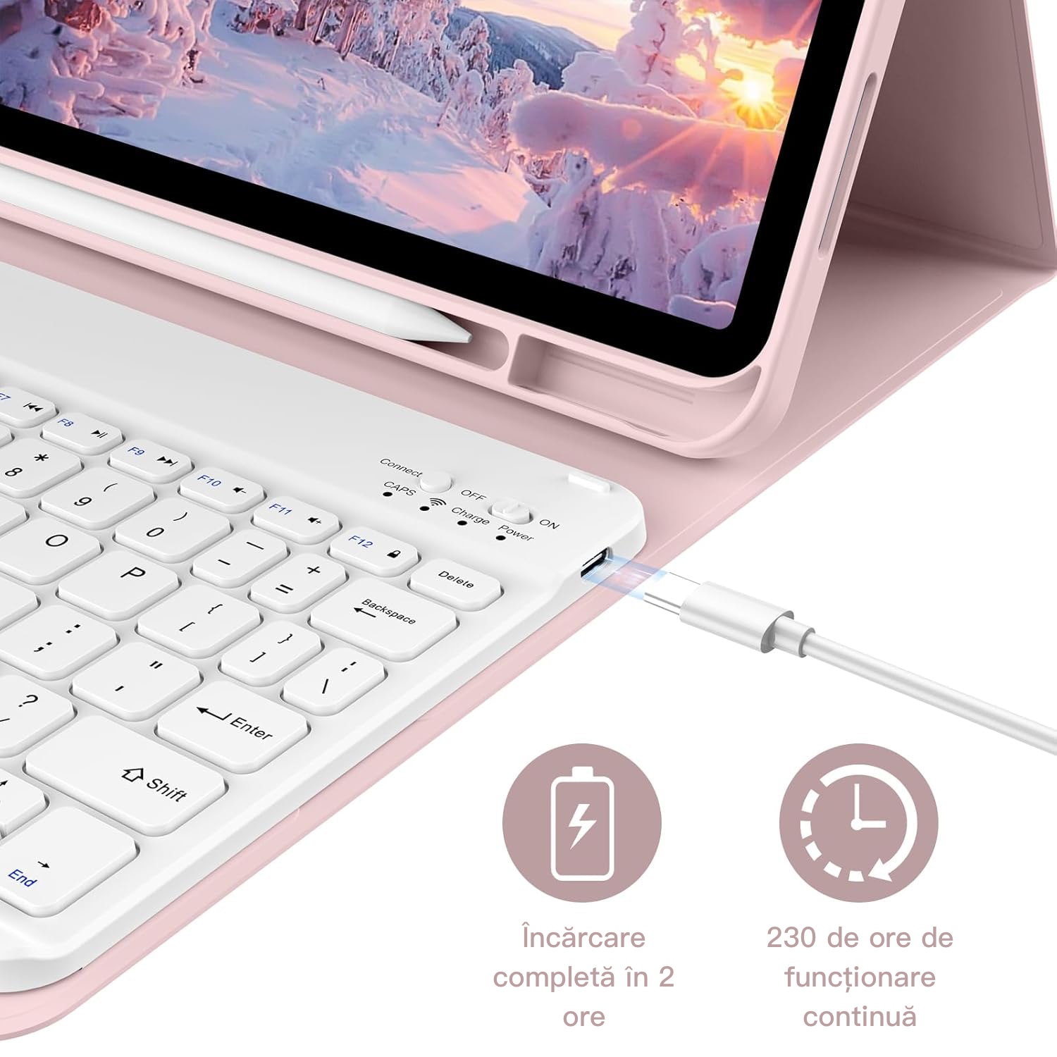 Carcasa cu tastatura pentru iPad 10.9 2022 (a 10-a generatie) cu suport pentru creion, detasabil magnetic, tastatura Bluetooth wireless, activare/dezactivare automata, roz