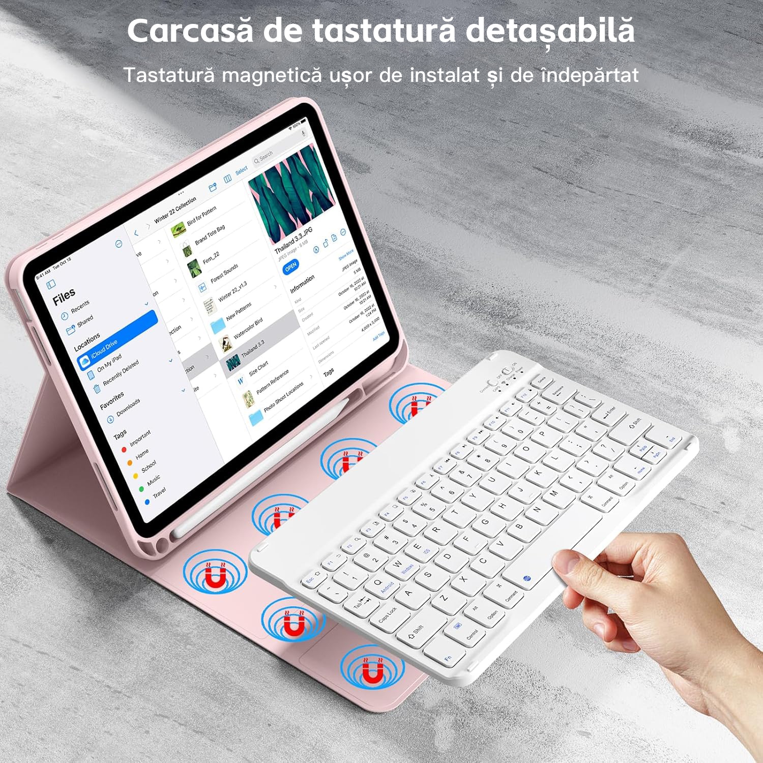 Carcasa cu tastatura pentru iPad 10.9 2022 (a 10-a generatie) cu suport pentru creion, detasabil magnetic, tastatura Bluetooth wireless, activare/dezactivare automata, roz