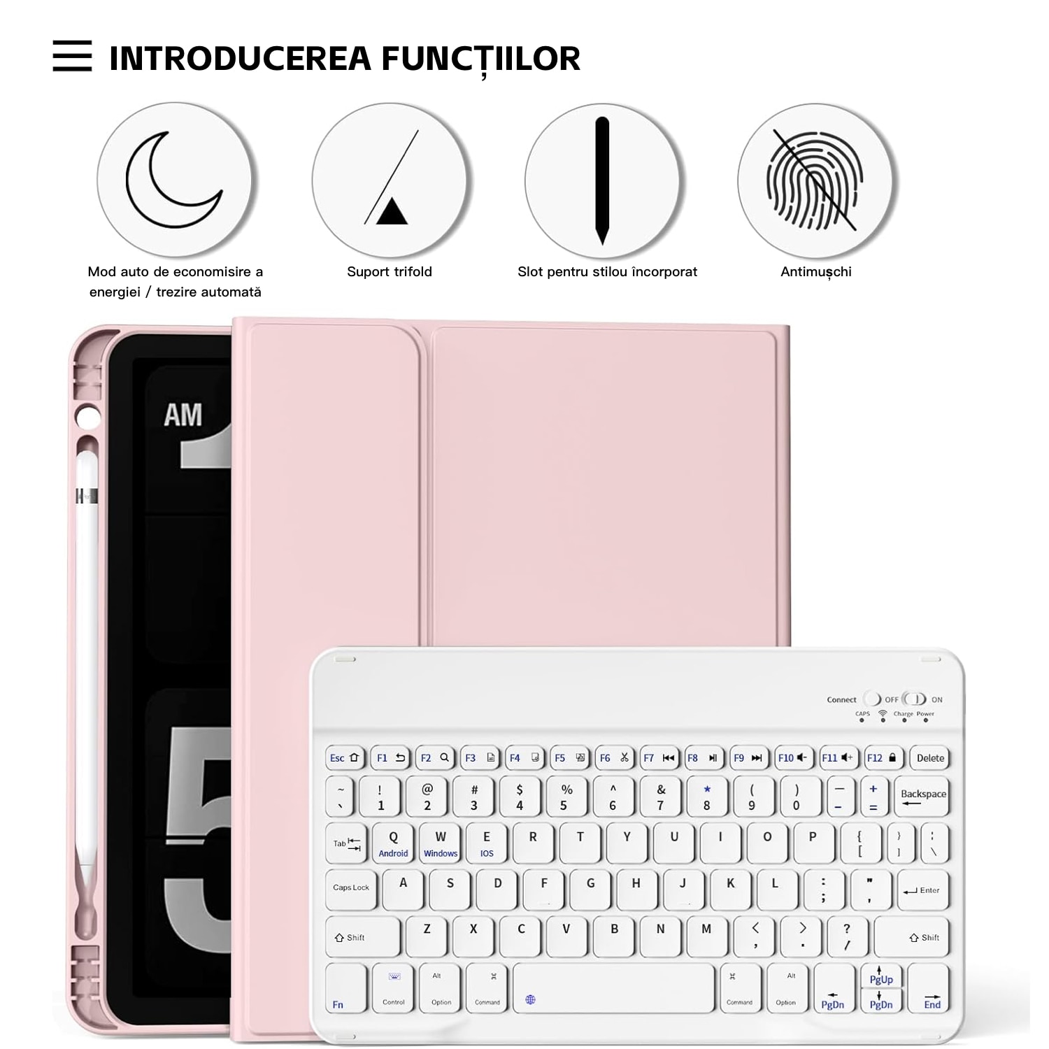 Carcasa cu tastatura pentru iPad 10.9 2022 (a 10-a generatie) cu suport pentru creion, detasabil magnetic, tastatura Bluetooth wireless, activare/dezactivare automata, roz