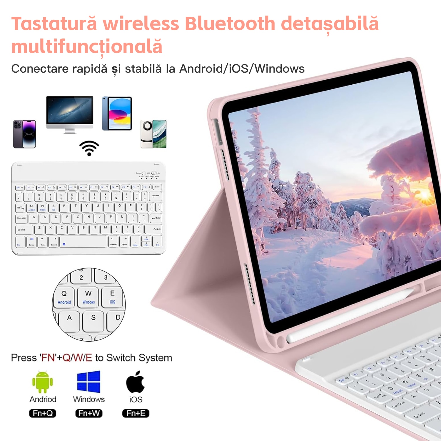 Carcasa cu tastatura pentru iPad 10.9 2022 (a 10-a generatie) cu suport pentru creion, detasabil magnetic, tastatura Bluetooth wireless, activare/dezactivare automata, roz