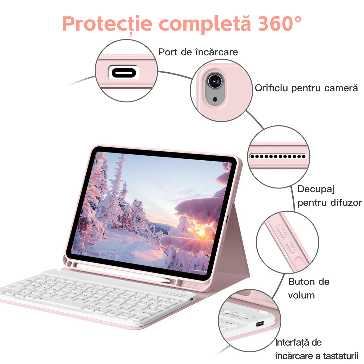 Carcasa cu tastatura pentru iPad 10.9 2022 (a 10-a generatie) cu suport pentru creion, detasabil magnetic, tastatura Bluetooth wireless, activare/dezactivare automata, roz