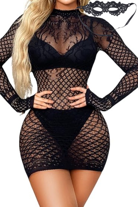 Lenjerie sexy, O singura piesa transparenta, MzcrJosv ®, Masca din dantela pentru ochi, lenjerie intima, pentru femei, design seducator si provocator, Negru, Marime Universala