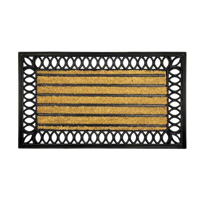 Covoras Intrare Marte Olivo, 40x70 Cm, Dreptunghiular, Model Geometric, Fabricat Din Cauciuc Si Fibre Naturale De Cocos, Suprafata Antiderapanta Pentru Siguranta Sporita, Ideal Pentru Spatii De Acces, Veranda Sau Usa De Exterior, Bej Cu Negru