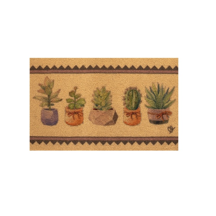 Covoras Intrare Eco Cocco, Olivo, 40x65 Cm, Dreptunghiular, Model Cactus, Fabricat Din Poliester Si Cauciuc Termoplastic, Suprafata Antiderapanta Pentru Stabilitate, Ideal Pentru Usa De Exterior, Hol Sau Terasa, Design Multicolor