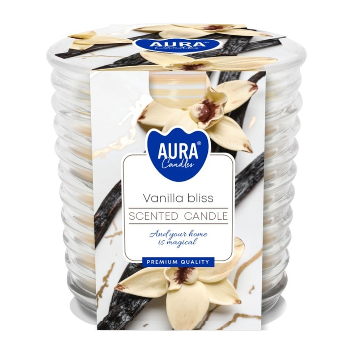 Ароматизирана свещ в спирално стъкло, Vanilla Bliss, 28 часа време на горене, Aura