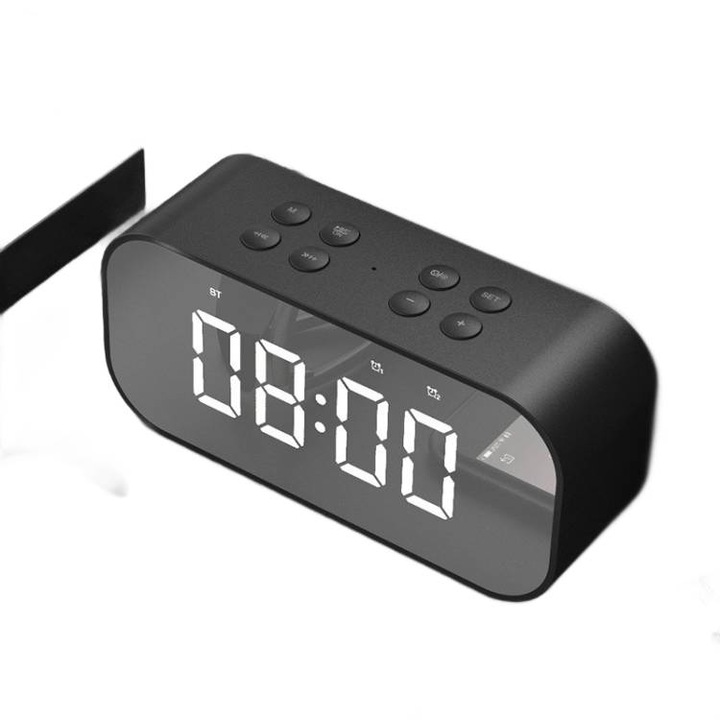Boxa portabila Bluetooth, AEC BT501, Bluetooth 50, Ceas cu alarma LED, Oglinzi, Slot pentru card TF, Negru