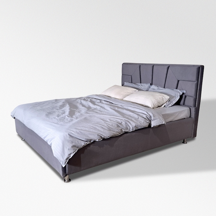 Pat tapitat dublu Athena 160x200 cm, gri, Iza, picioare, somiera metalica rabatabila inclusa, lamele lemn stratificat, spatiu de depozitare, lada, 220x178x116