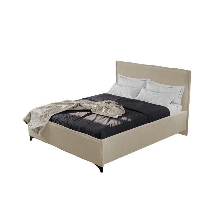 Pat dublu tapitat Tavira, cadru lemn si pal, 140x200 cm, crem, cu somiera fixa