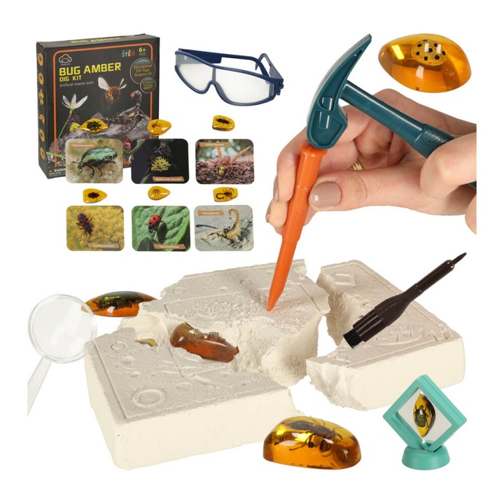 Set Arheologic, LEAN TOYS, Excavare Insecte in Chihlimbar, cu Accesorii, 22x29.5x5.5cm