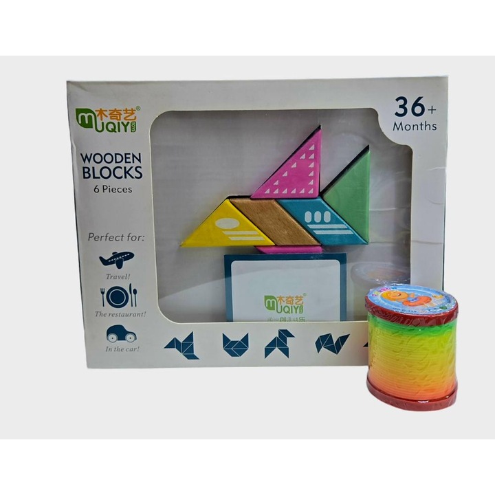 Joc educativ magnetic din lemn, 6 piese, gen Tangram si arc curcubeu