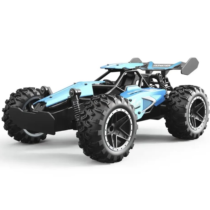 Masina cu telecomanda, albastru/verde, 1:18, 2.4GHz, 15KM/h, set cu cablu de incarcare si surubelnita