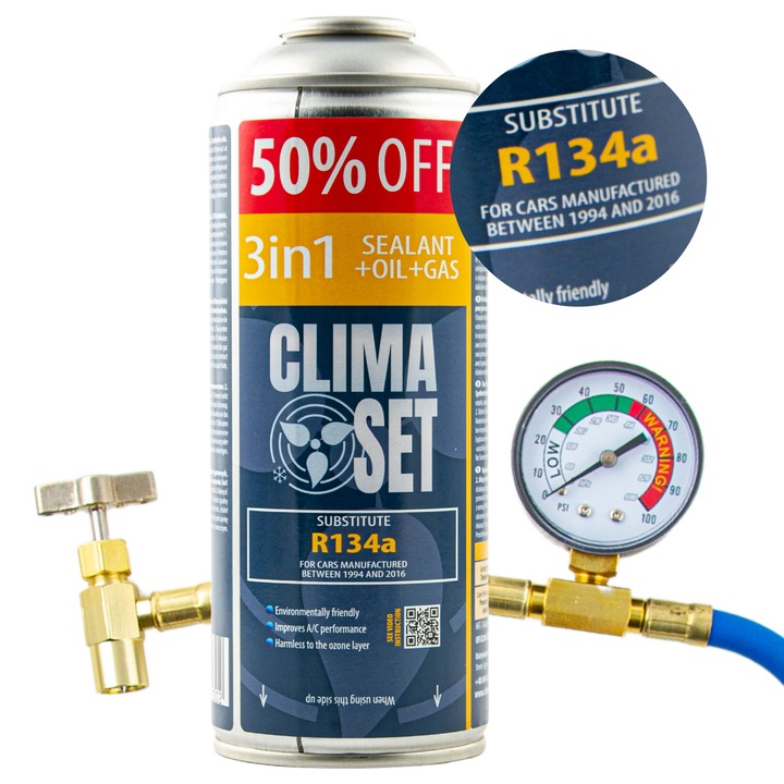 Set ClimaSet 3in1 R134A 235g cu furtun si manometru, pentru umplerea aerului conditionat