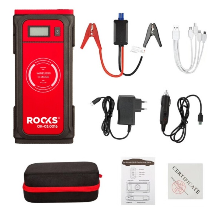 Mini booster, ROOKS 850 A, 12000 mAh, 12 V, USB portokkal, beépített lámpával
