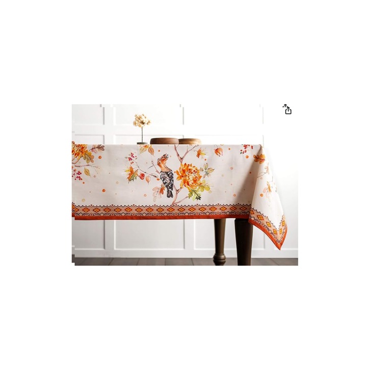 Fata de Masa Dining, Maison d'Hermine, Bumbac 100%, Crem, Chenar Portocaliu, Imprimeu Frunze si Flori, 140 x 180 cm