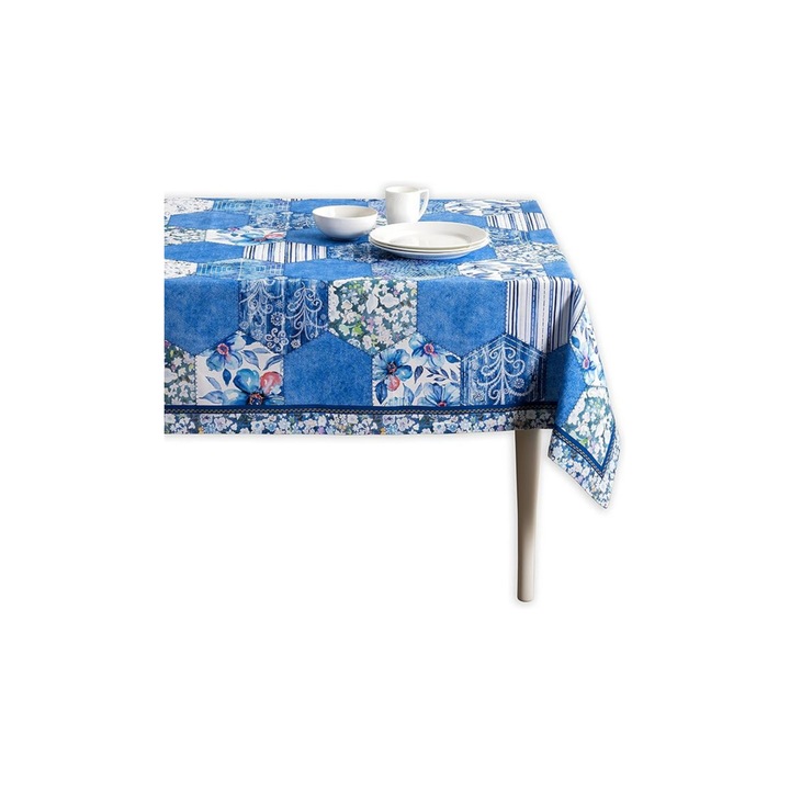 Fata de Masa Dining, Maison d'Hermine, Bumbac 100%, Albastru Bleu, Decoratiuni Florale, 140 x 180 cm