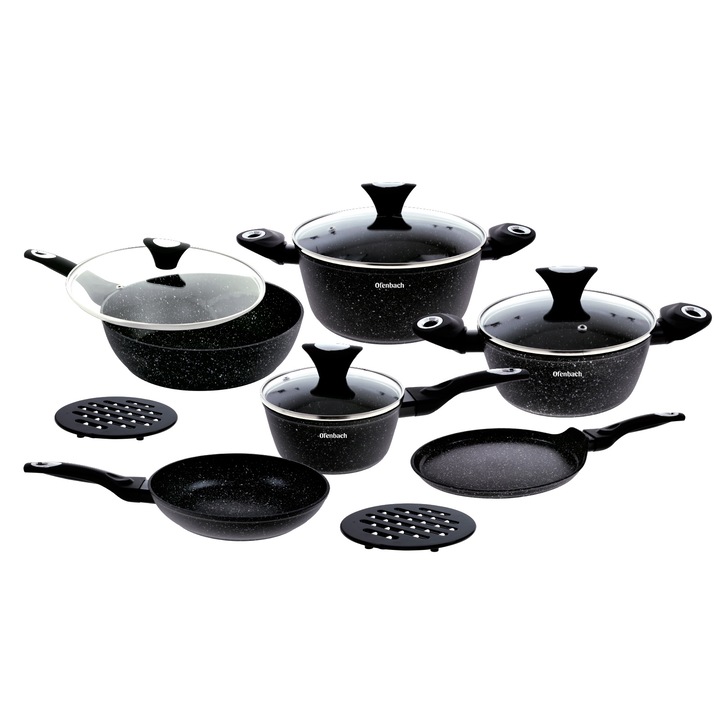 Комплект от 6 тенджери и тигани Offenbach, мрамор, черен
