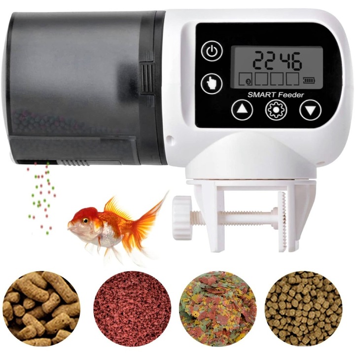 Hranitor SMART pentru Acvariu Sofia CONCEPT®, Capacitate Rezervor 200 ml, Universal, Utilizare Manuala si Automata, Doua Metode de Fixare, Silentios, Display LCD, Temporizator Digital, White