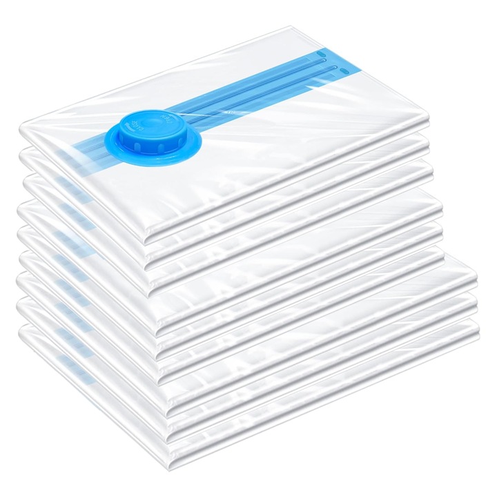 Set 12 Saci de Vidat Teno®, pentru imbracaminte, pilote, perne, rezistenti, valva tripla, materiale calitative, protectie waterproof, reutilizabili, vidare prin vacuum, 4 marimi, transparent/albastru