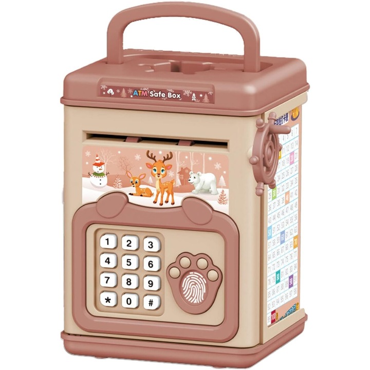 Pusculita pentru Copii, Tip ATM, Parola cu Amprenta, Maro