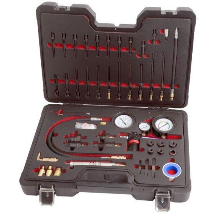 Set de testare a compresiei si etanseitatii pentru motoare benzina si diesel, KB Global, presiune maxima 50 bar, manometre cu protectie din cauciuc