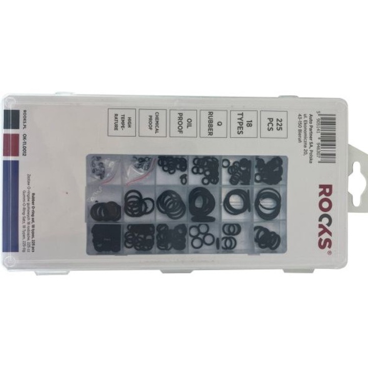 Set garnituri din cauciuc, ROOKS, 18 tipuri, 3-25mm, 225 buc