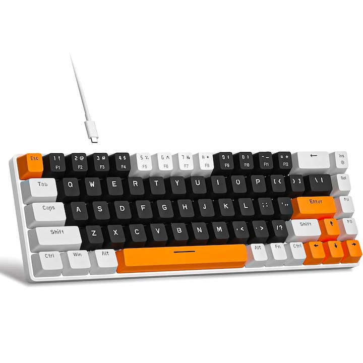 Tastatura Mecanica Gaming Timebox 60%, 68 Taste PBT, Iluminare LED, Switch Blue, Cablu Type-C, Format Portabil, Design Compact si Ergonomic, Culoare Portocaliu Alb, Performanta Silentioasa