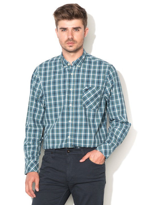 Mustang Olajkék & Fehér Normál Fazonú Kockás Ing S