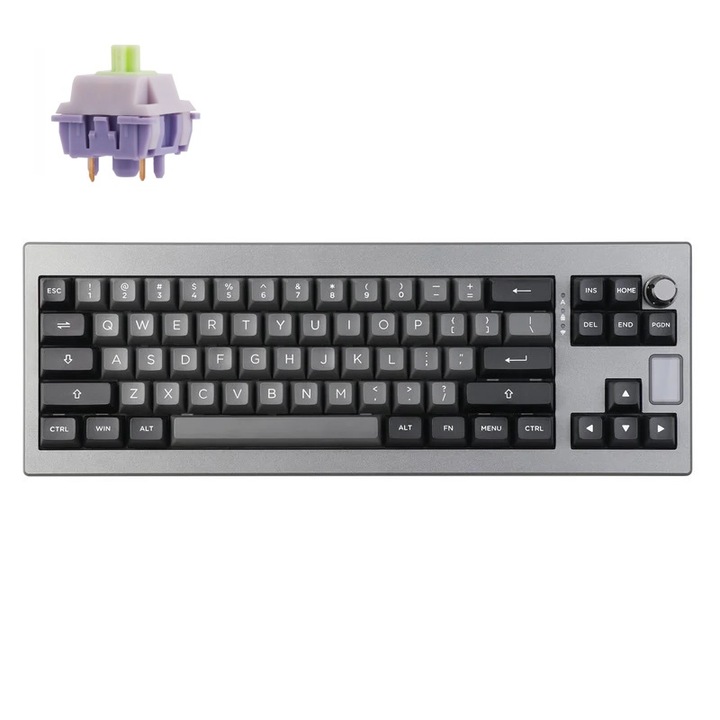 Tastatura mecanica Wireless cu buton Epomaker Shadow-X 70%, 2.4 GHz si Bluetooth, Wisteria Linear Switch, Negru argintiu