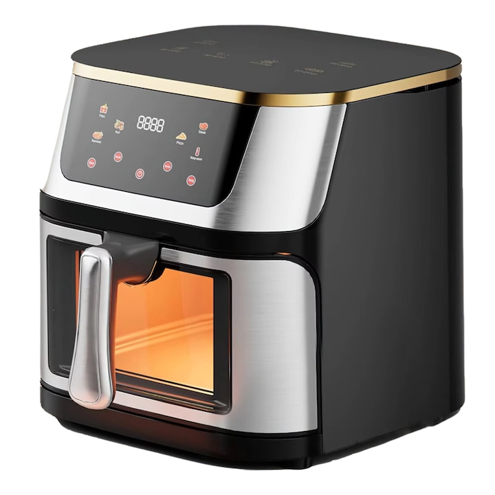 Friteuza cu aer cald, Airfryer fara ulei Silver Crest, Ecran digital tactil, Functii de gatire presetate, design din otel inoxidabil, Capacitate mare - 10L, Sertar cu geam transparent, 1400W, Temperatura Ajustabila si temporizare, Curatare usoara