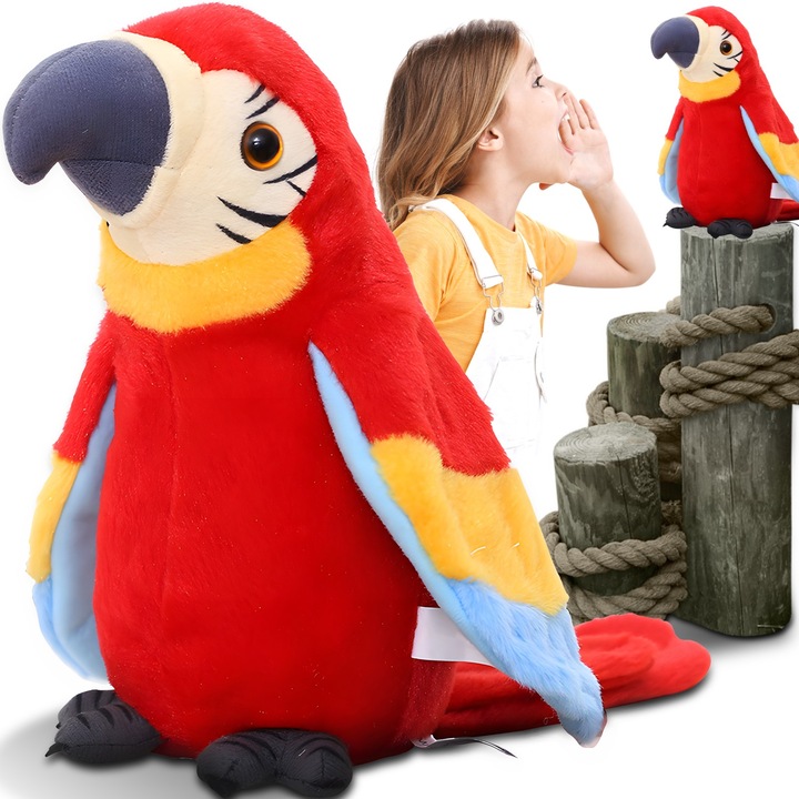 Interaktív játék, beszélő papagáj, amely mindent megismétel, amit hall, mozgatja a szárnyait és a testét, táncok, családi szórakozás, piros szín, retoo