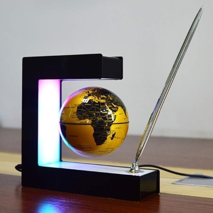 Glob geografic magnetic, in levitatie, rotatie automata, incarcare USB, cu suport patrat, lumina LED, negru