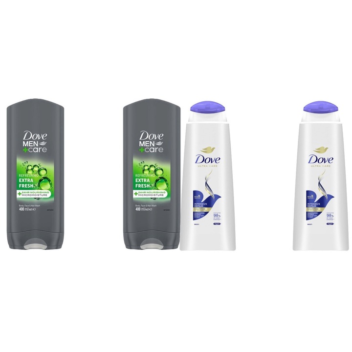 Set Dove Variety 4 x Componente, 2 x gel dus 400ml extra fresh men, 2 x sampon 400ml intensive repair, testat dermatologic, prospetime de lunga durata, delicat pentru scalp, non-toxic, eco-friendly, aspect stralucitor, previne iritatia pielii