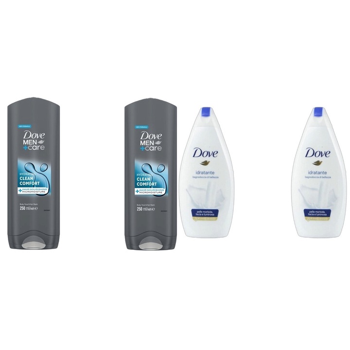 Set Dove Variety 4 x Componente, 2 x gel dus 250ml men clean comfort, 2 x gel dus 450ml original idratante, testat dermatologic, prospetime de lunga durata, delicat pentru scalp, non-toxic, eco-friendly, aspect stralucitor, previne iritatia pielii