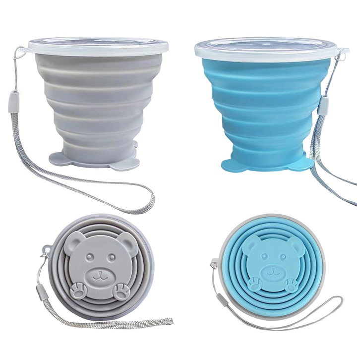 2 db összecsukható szilikon pohár készlet, 180 ml, szürke és kék, karabinerekkel, kempingezéshez és szabadtéri tevékenységekhez