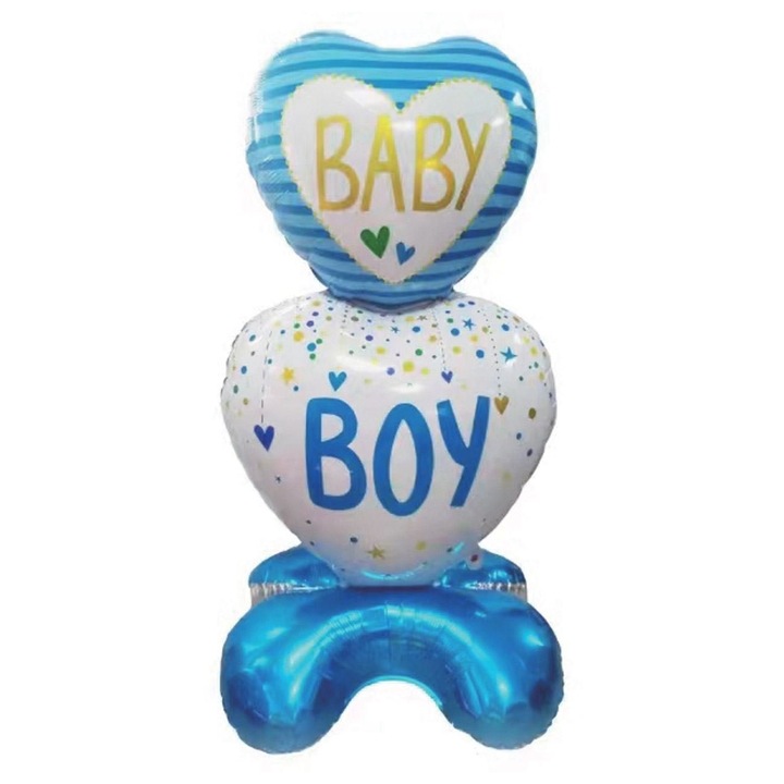 3D балон сърце Син металик Бебе момче, 115x60 см, Декорация за Baby Shower, Кръщене или Рожден ден, Надува се с въздух или хелий, Стои самостоятелно