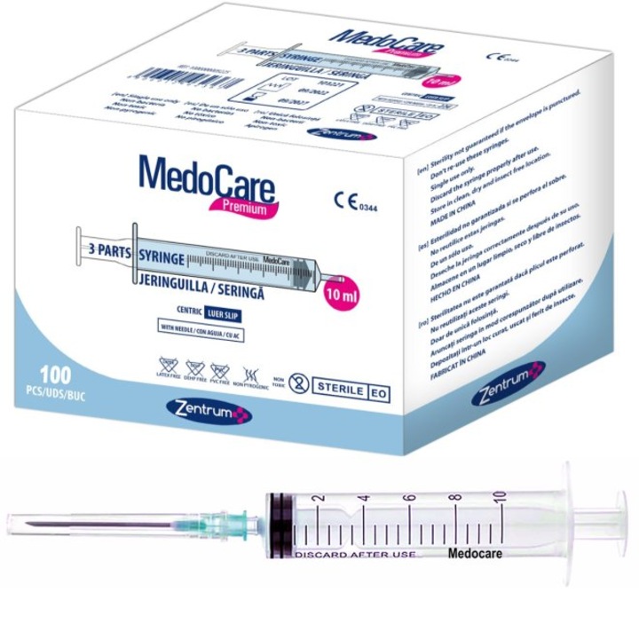 Seringi MedoCare 10 ml, cu ac 21G, cutie 100 buc